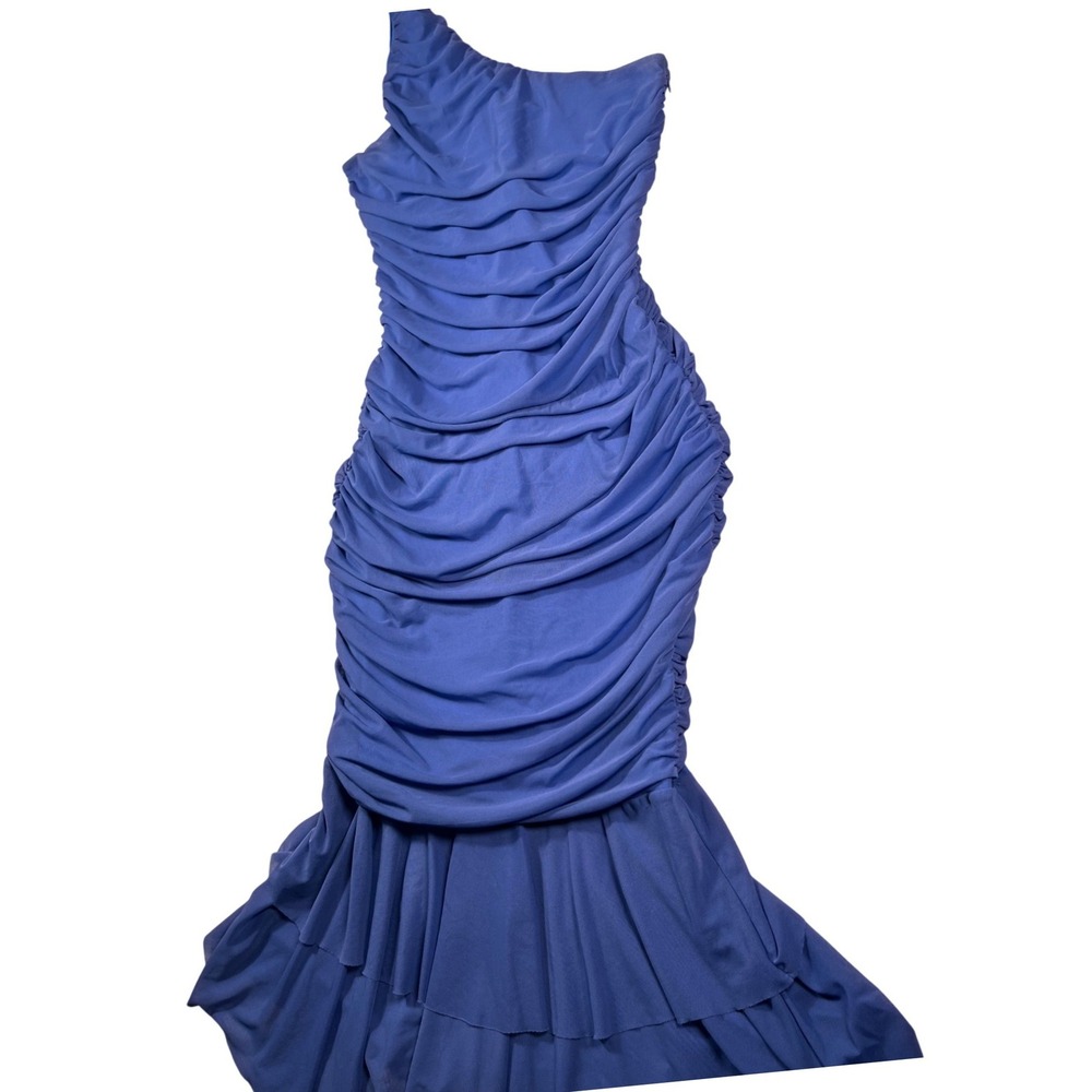 ZESICA Blue One Shoulder Ruched Mesh‎ Midi Dress Bodycon Cocktail L - Picture 4 of 15
